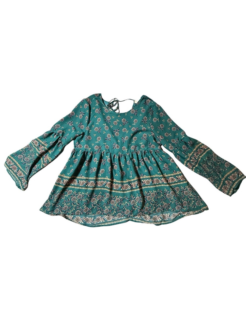 Altar'd State Teal Floral Boho Bell Sleeve Babydoll Peasant Top Medium